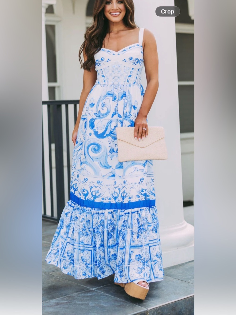 White & Blue Printed Maxi Sundress with straps
